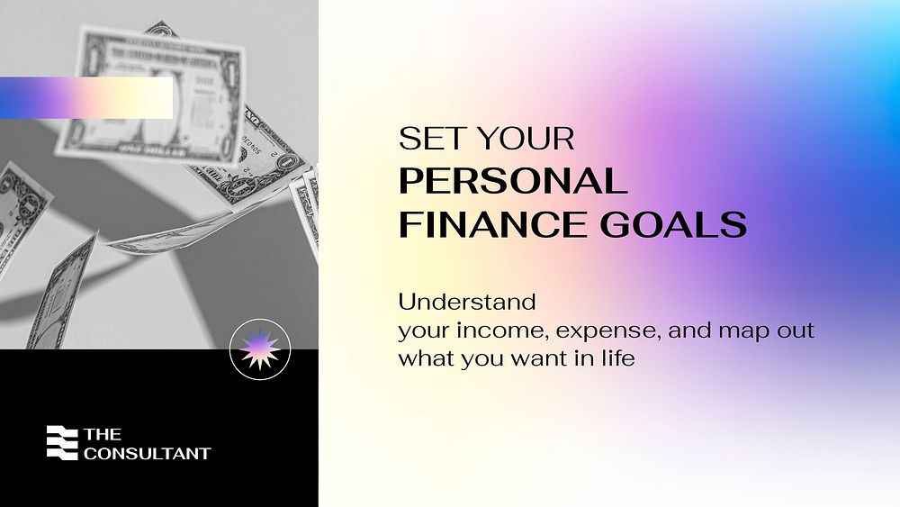 Finance goals blog banner template, business consulting, purple gradient design psd