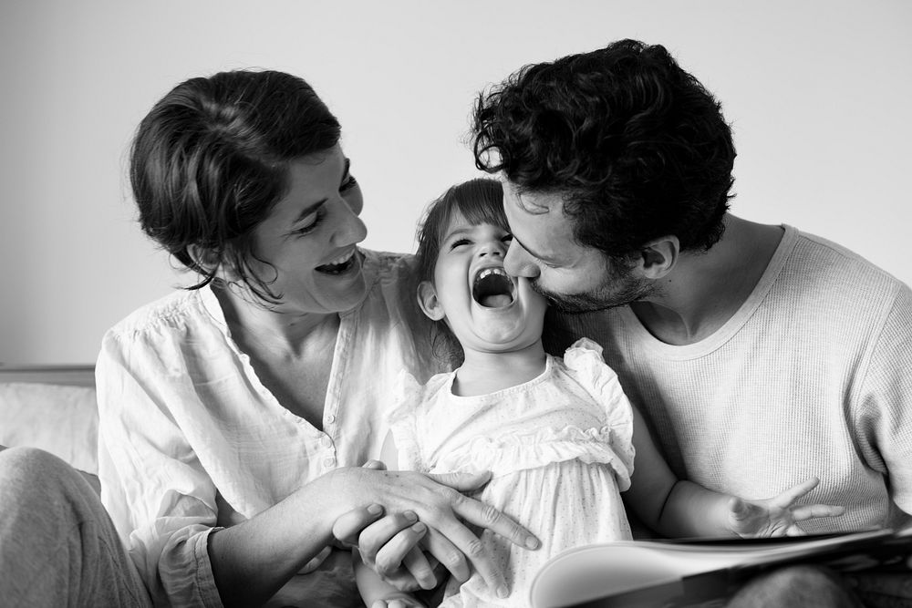 Happy family,  black and white photo
