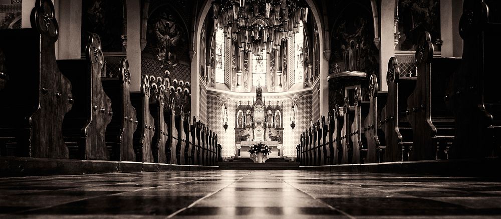 Cathedral interior in black and white. Original public domain image from Wikimedia Commons