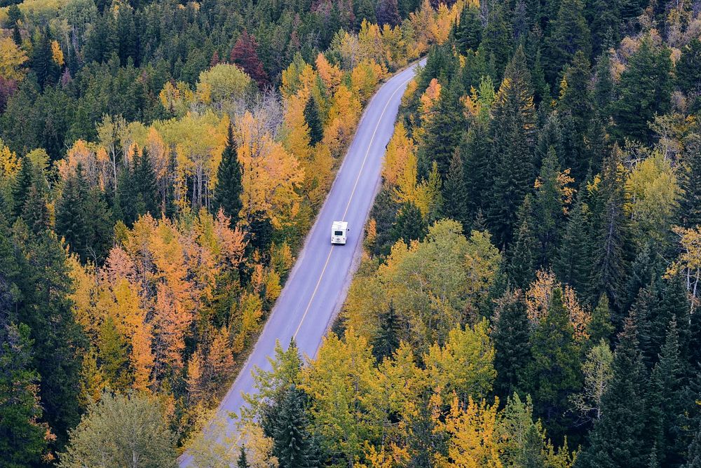 An aerial shot of a van driving down a road across the forest in Jasper. Original public domain image from Wikimedia Commons
