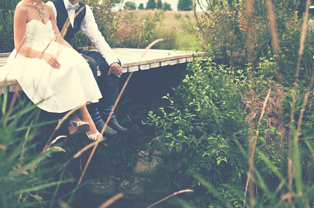 A bridal couple sitting on a wooden footbridge surrounded by green grasses and bushes. Original public domain image from…