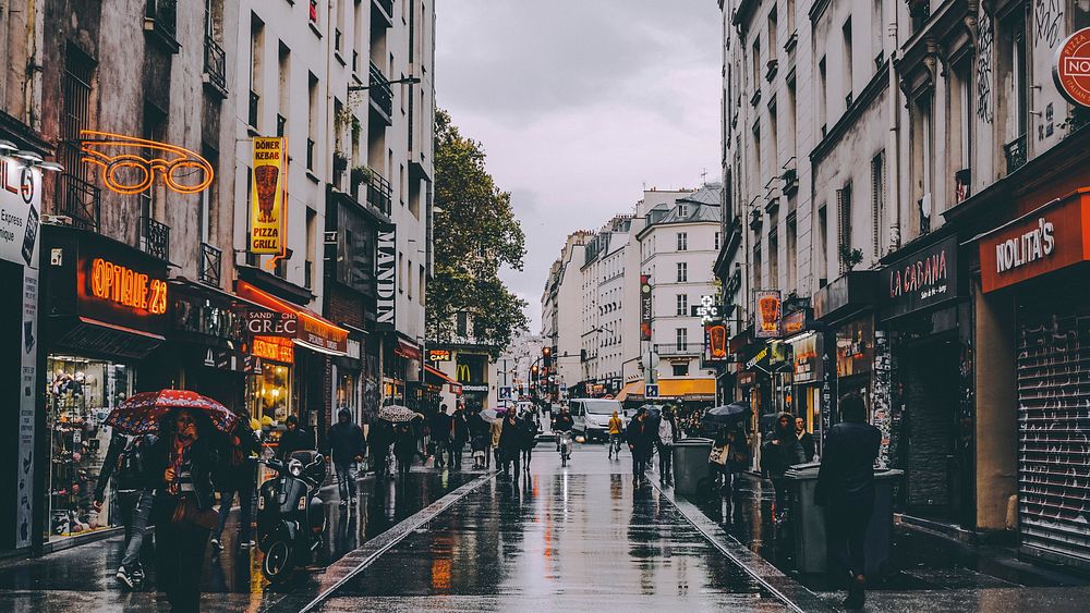 Rainy street of Paris, France. Original public domain image from Wikimedia Commons