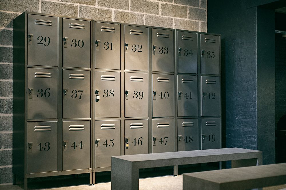 Small locker units in the change room at a gym called Repeat Fitness. Original public domain image from Wikimedia Commons