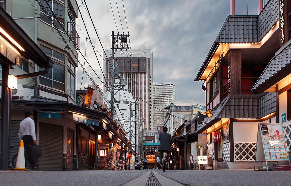 A low shot of a quiet side street in Asakusa, Tokyo. Original public domain image from Wikimedia Commons