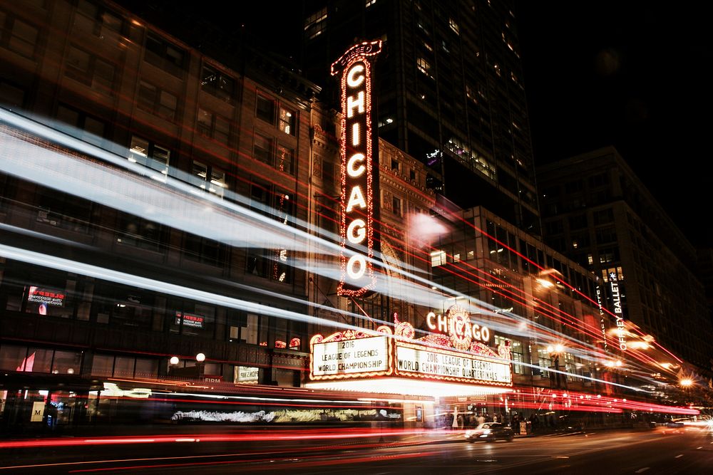 Chicago with neon signs  background. Original public domain image from Wikimedia Commons
