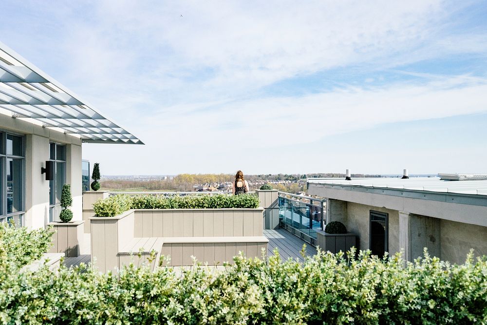 Green rooftop with a view during daylight.Original public domain image from Wikimedia Commons