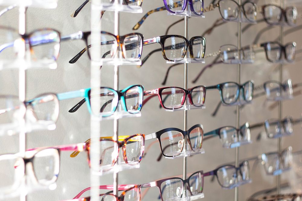 Rows of fashionable eye glasses at an optometrist's office. Original public domain image from Wikimedia Commons