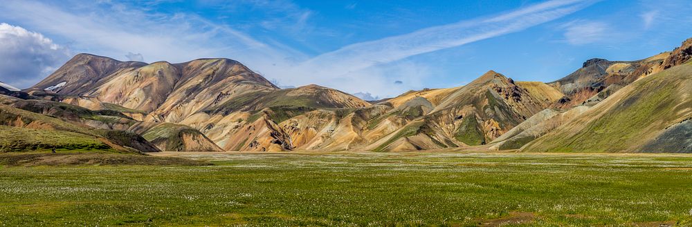 A panorama of a meadow at the foot of eroded mountains in Landmannalauger. Original public domain image from Wikimedia…