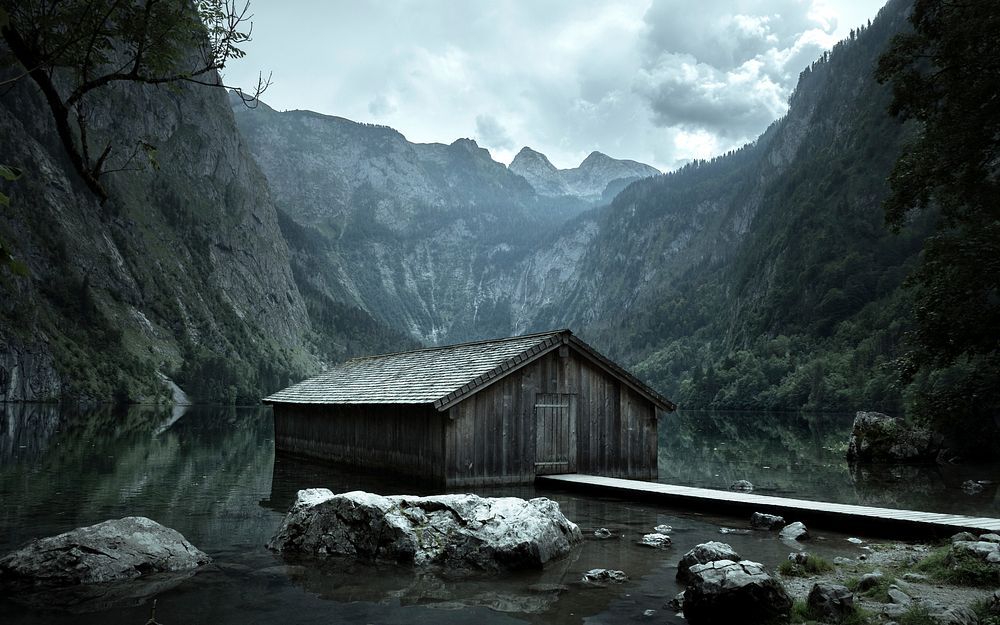 Obersee near mountains on a lake, in Germany. Original public domain image from Wikimedia Commons