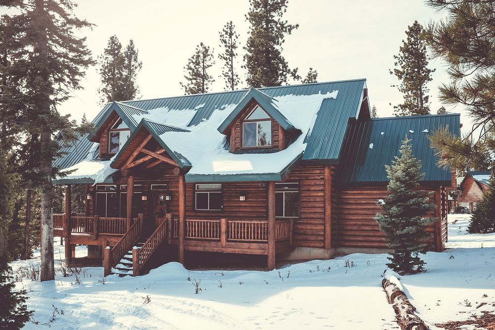 A snow covered log cabin in the forest surrounded by pine trees. Original public domain image from Wikimedia Commons