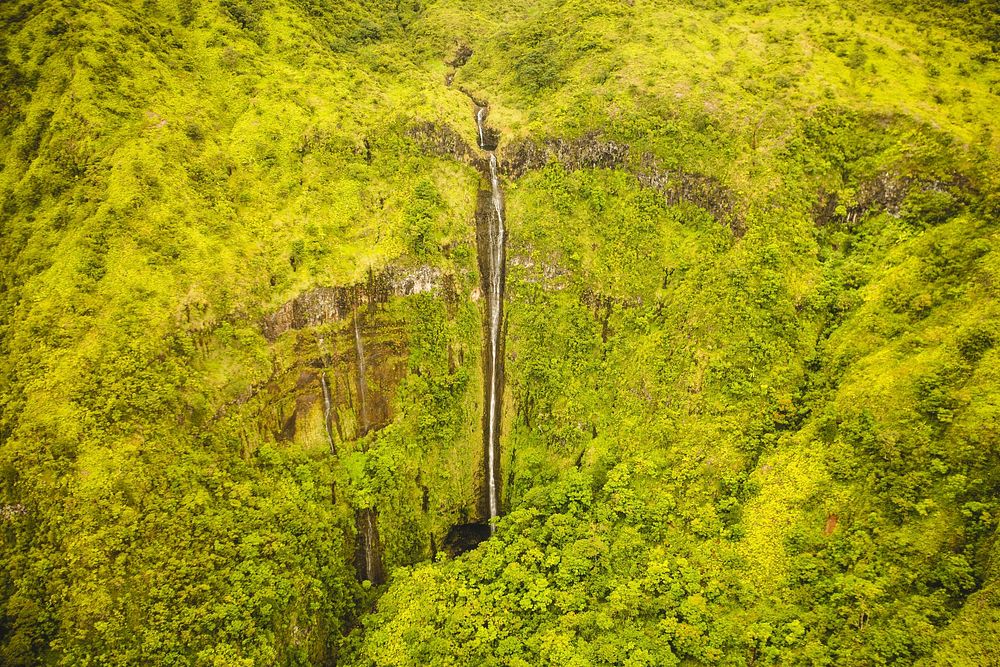 A tall waterfall tumbling down a tall green cliff. Original public domain image from Wikimedia Commons