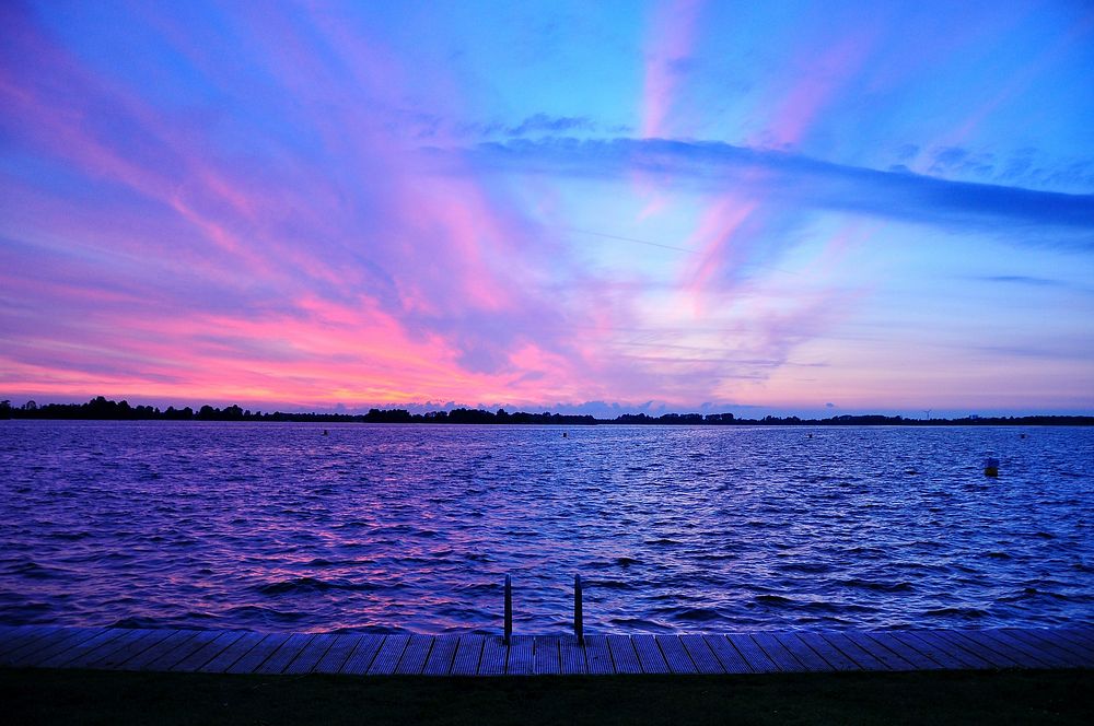 Pink and purple sunset, jetty. Original public domain image from Wikimedia Commons