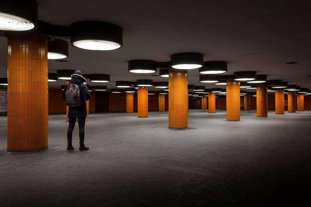Empty basement with orange pillar. Original public domain image from Wikimedia Commons