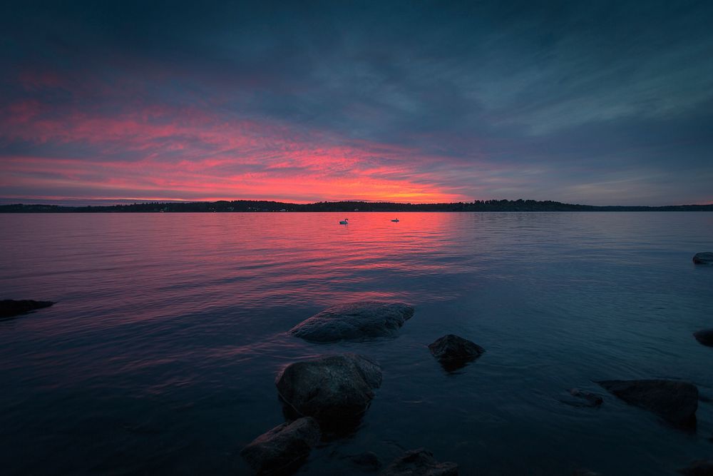Landscape sunset with pink horizon and dark grey clouds over water with rocks in Stockholm.. Original public domain image…