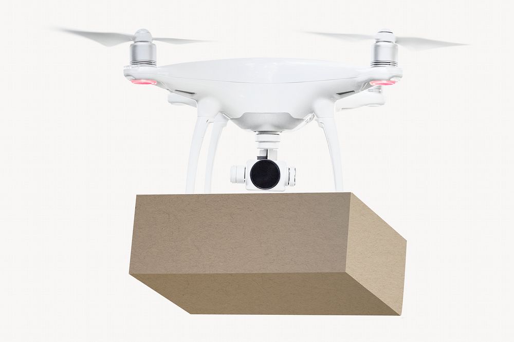 Delivery drone, cardboard box isolated image on white background