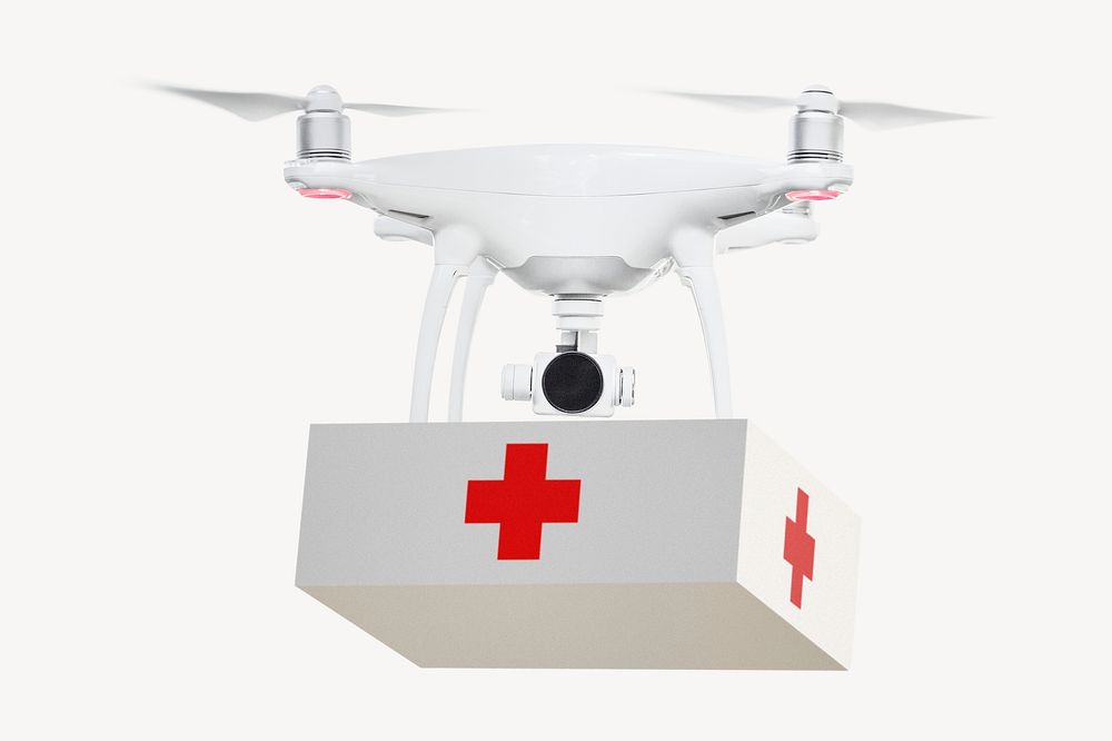 Delivery drone sticker, first aid box collage element psd
