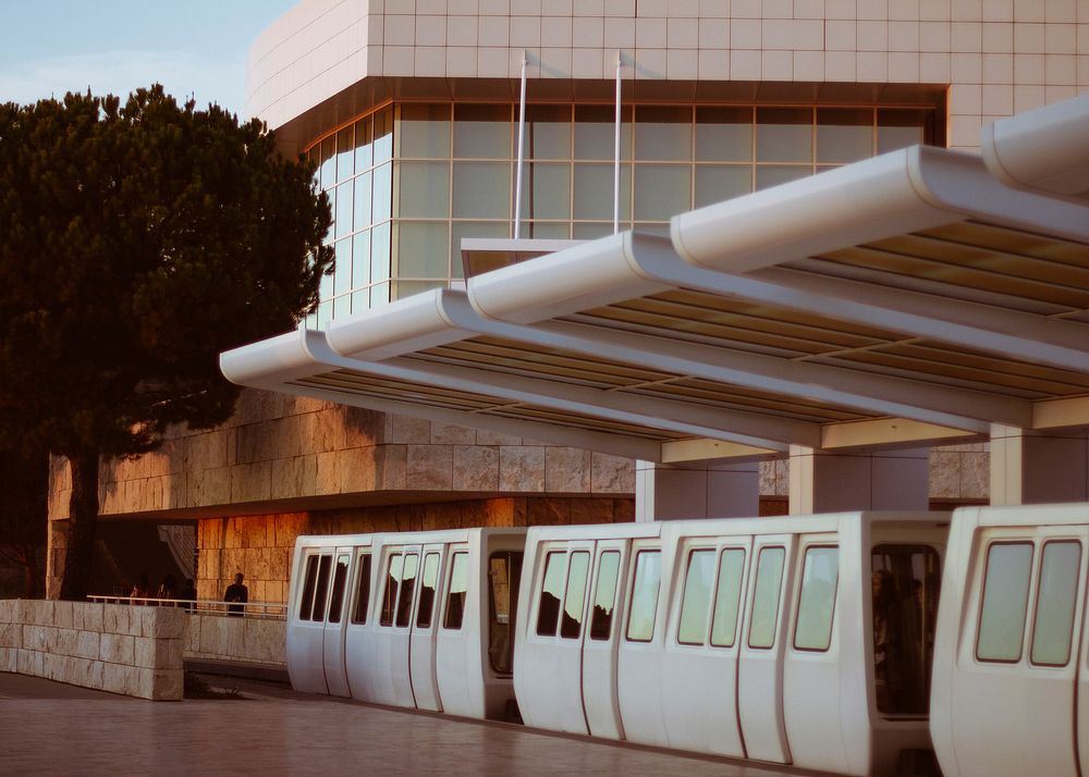 A modern city tram at the Getty Museum. Original public domain image from Wikimedia Commons