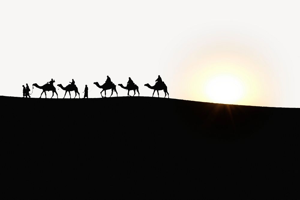 Camel caravan border background, off white design psd
