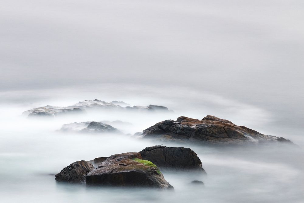 Foggy rocks, gray, mist, weather. Original public domain image from Wikimedia Commons