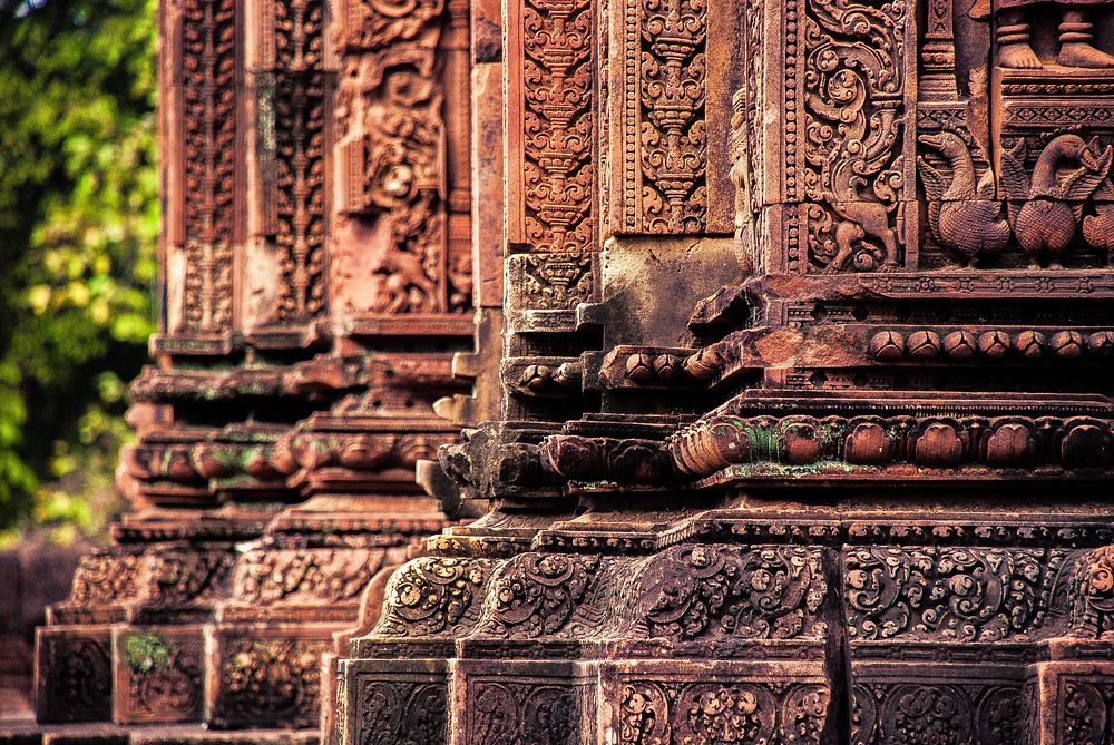 Temple that is etched with an intricate design in Banteay Srei, Cambodia. Original public domain image from Wikimedia Commons