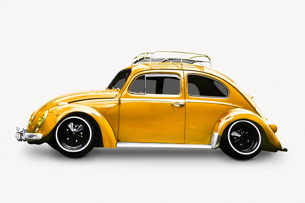Yellow beetle car, vintage vehicle isolated image on white background