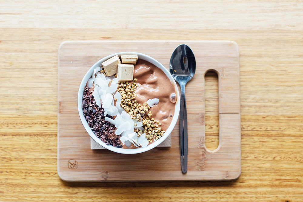 Flat lay of healthy breakfast bowl with grains and yogurt. Original public domain image from Wikimedia Commons