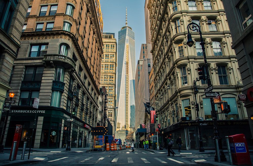 Freedom Tower, view from the streets.. Original public domain image from Wikimedia Commons