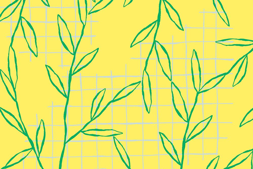 Green leaf pattern vector on yellow grid background