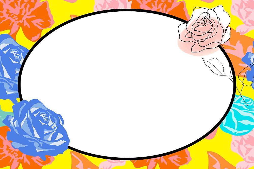 Spring floral oval frame vector with colorful roses on white background