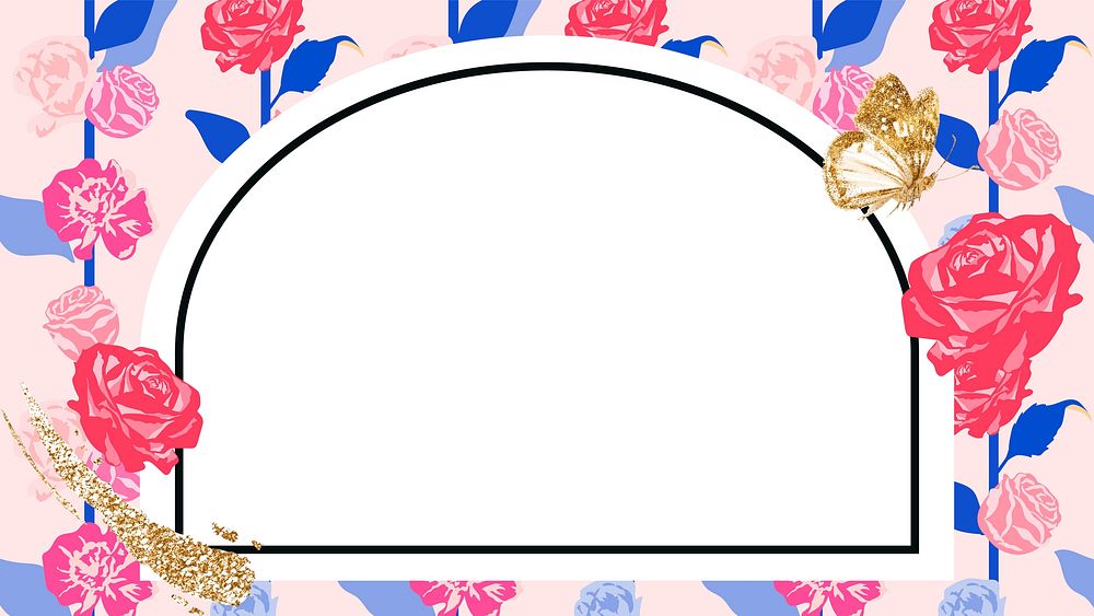 Feminine floral arched frame vector with pink roses on white background