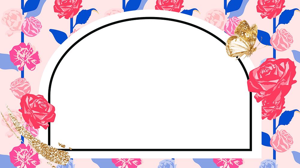 Feminine floral arched frame psd with pink roses on white background