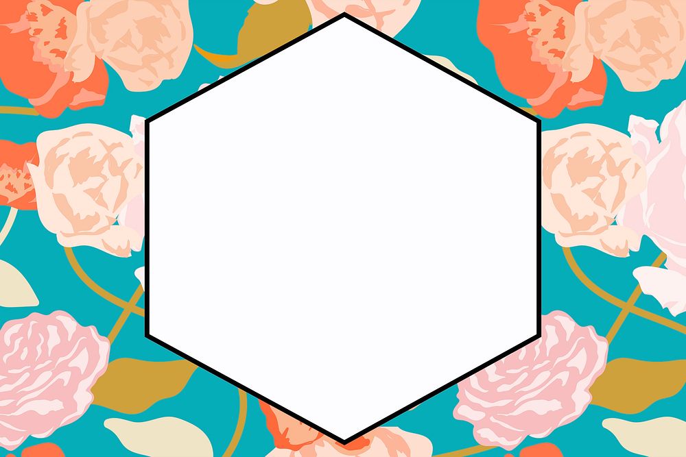 Spring floral hexagon frame psd with pastel roses on white background