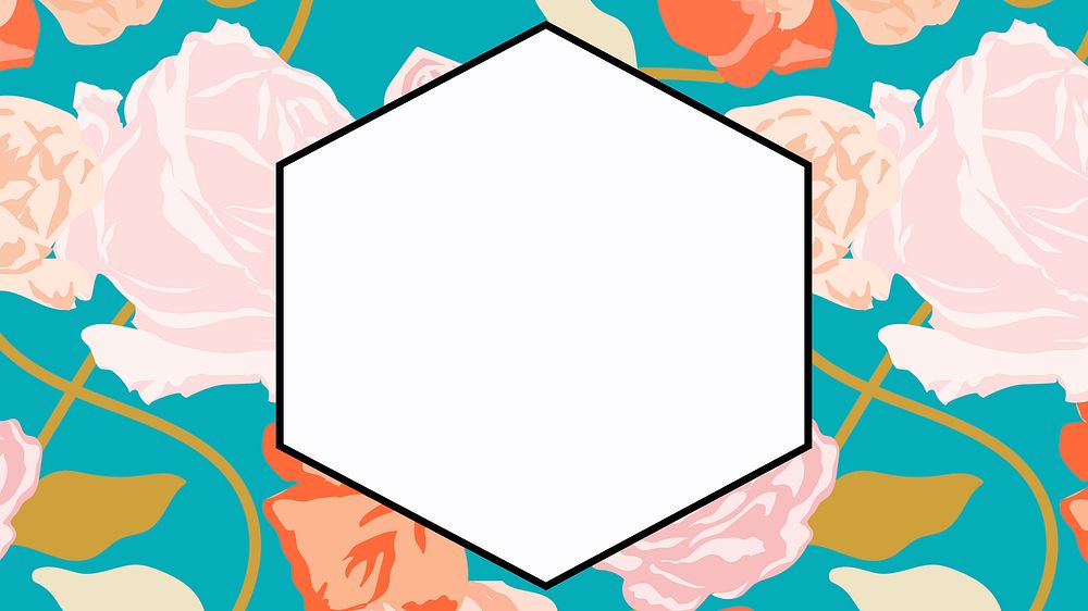 Spring floral hexagon frame psd with pastel roses on white background