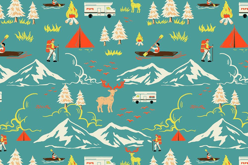 Green camping trip pattern vector with tourist cartoon illustration