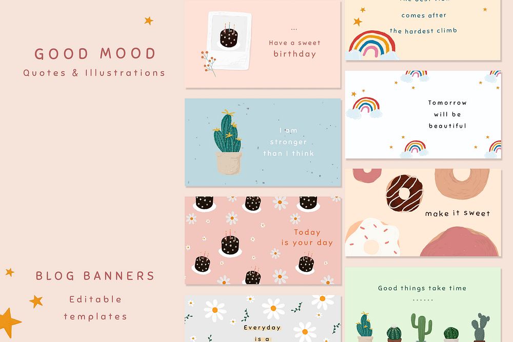 Good mood quote template files set for blog banner cute hand drawn
