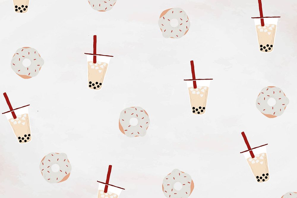 Boba tea patterned background psd with white sprinkle donut cute hand drawn style