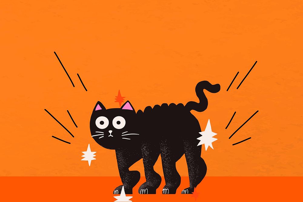 Cartoon Halloween background vector, cute black cat orange border 