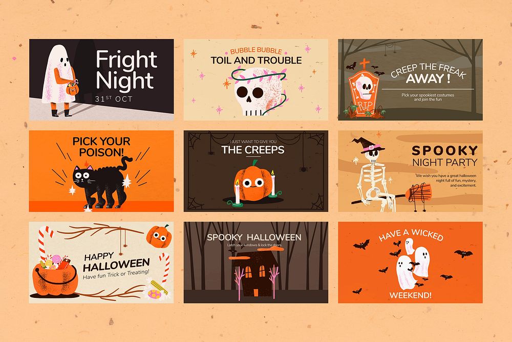 Banner templates vector, cute Halloween illustration set