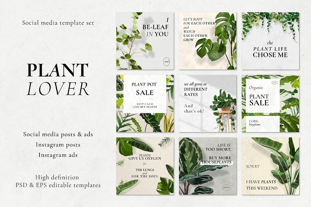 Social media template vector set, plant lover advertisement