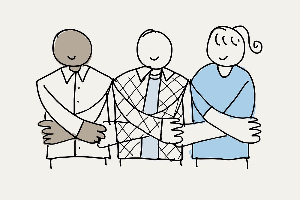 Volunteering doodle vector, people holding hands support concept