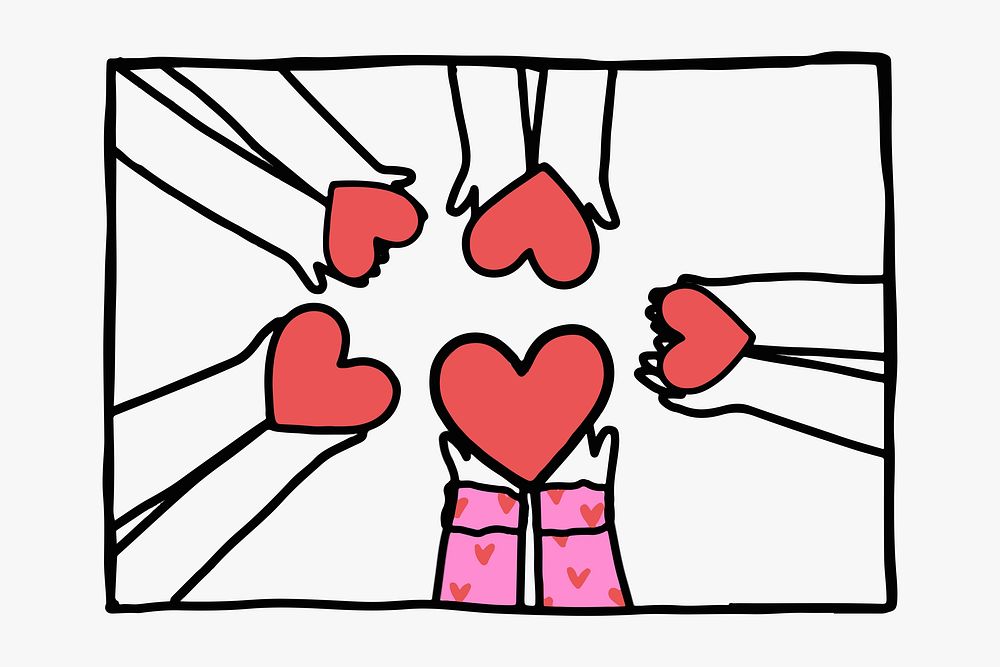 Friendship doodle with hands sharing hearts