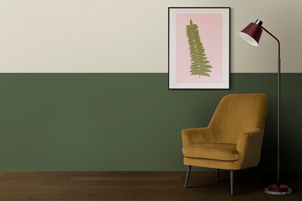 Retro living room decorated with yellow armchair and plant picture frame