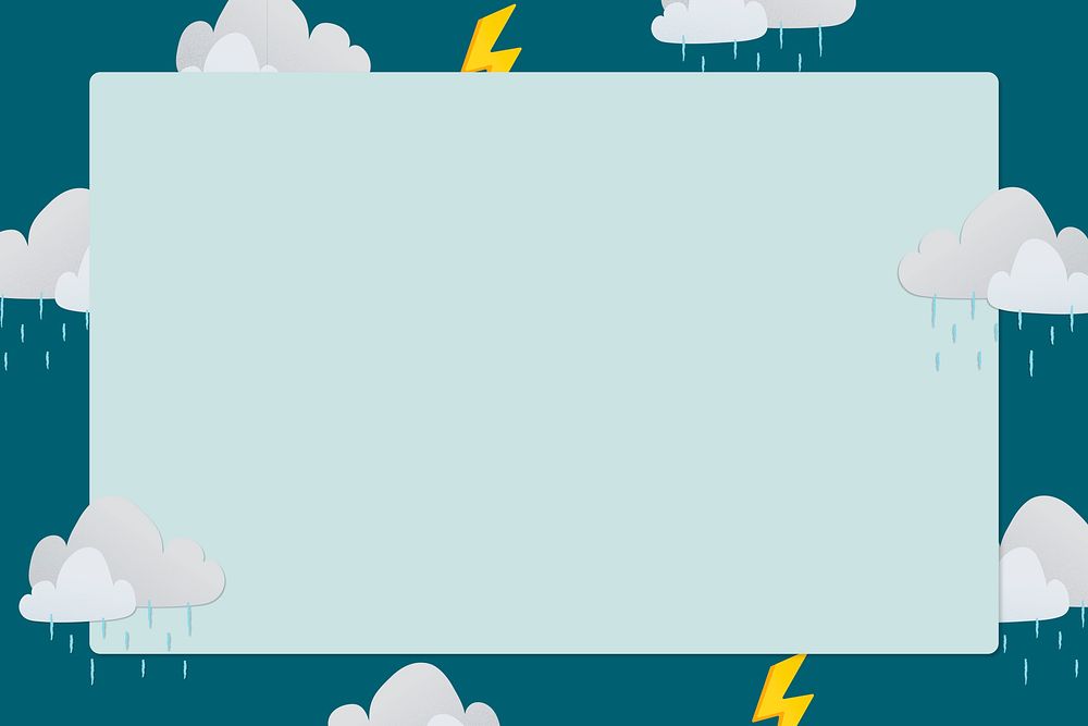Green rectangle frame, cute rainy cloud pattern weather vector clipart