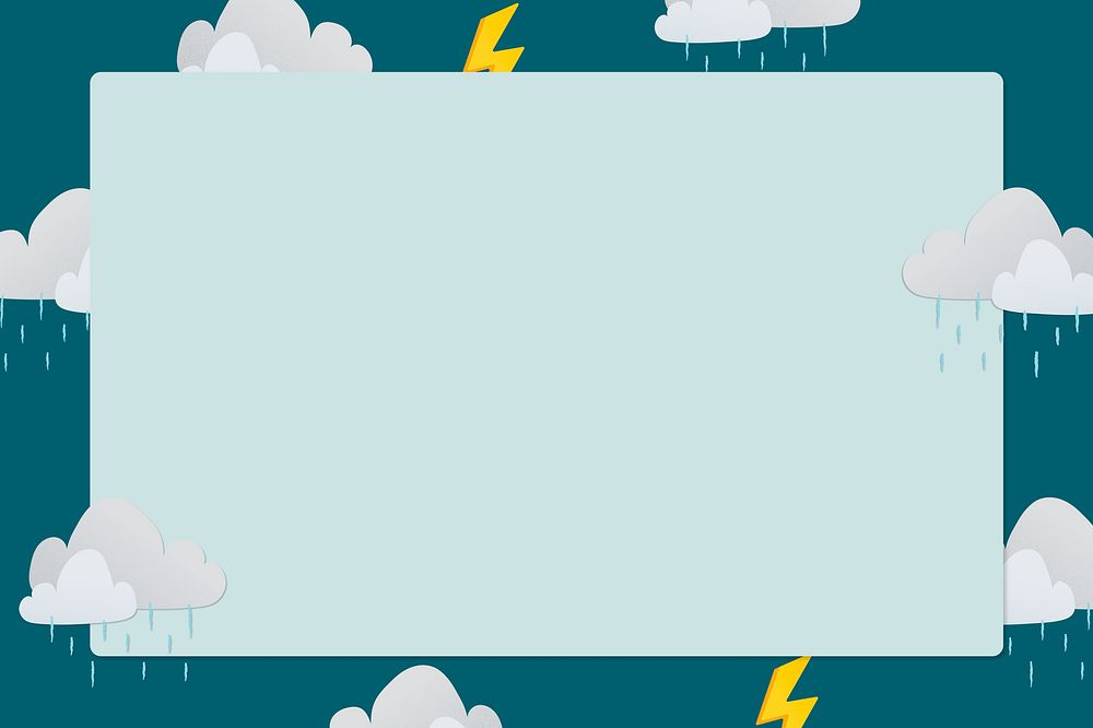 Green rectangle frame, cute rainy cloud pattern weather psd clipart