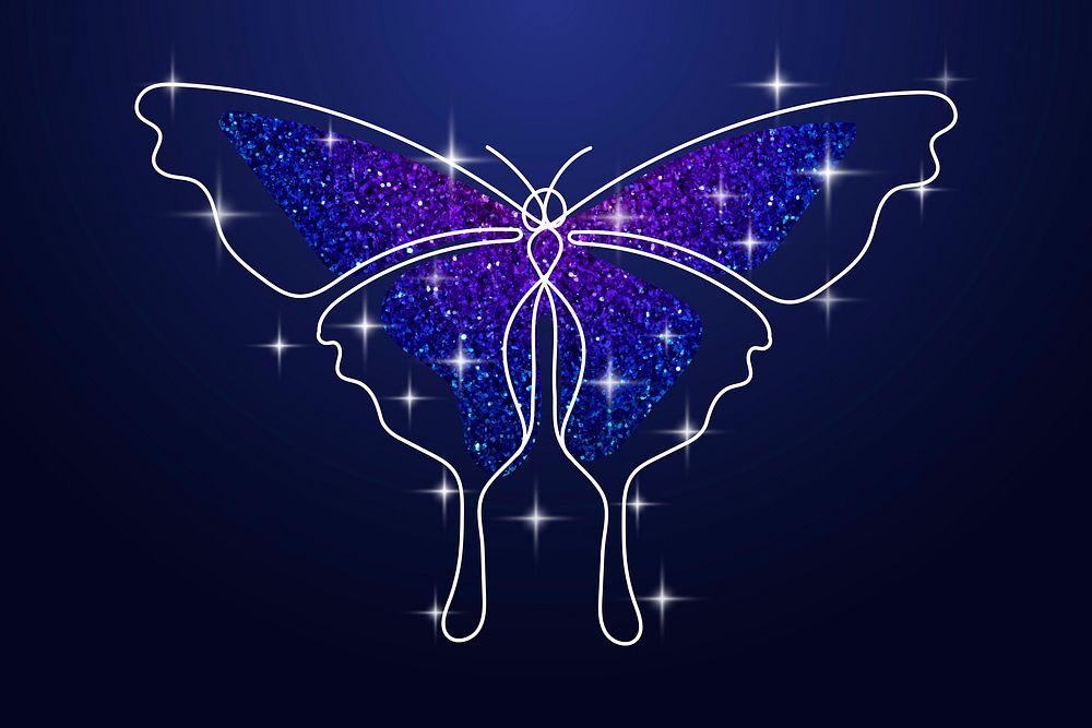 Violet butterfly background, beautiful glittery dark line art