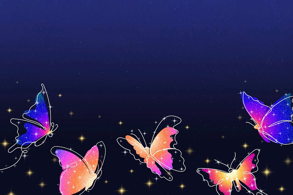 Sparkly butterfly background, aesthetic violet border, vector animal illustration