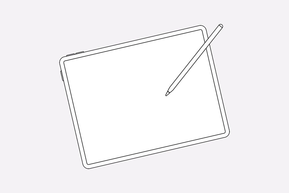 iPad, white screen, stylus charging on top, digital device psd illustration