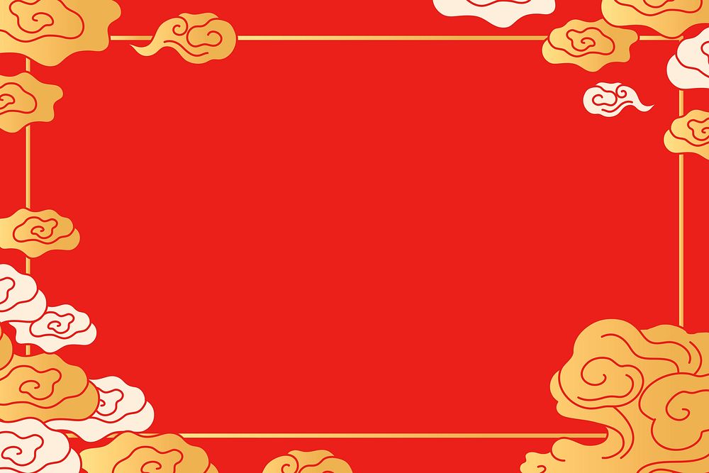 Red frame background, oriental cloud illustration psd