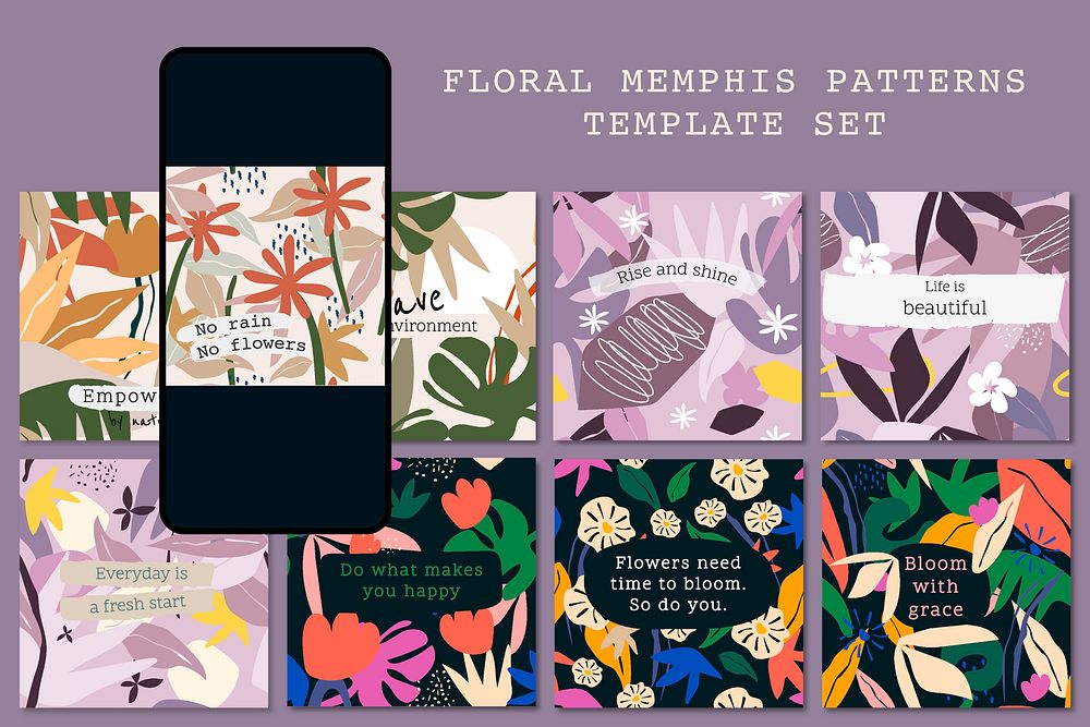 Floral memphis pattern post template set for social media vector