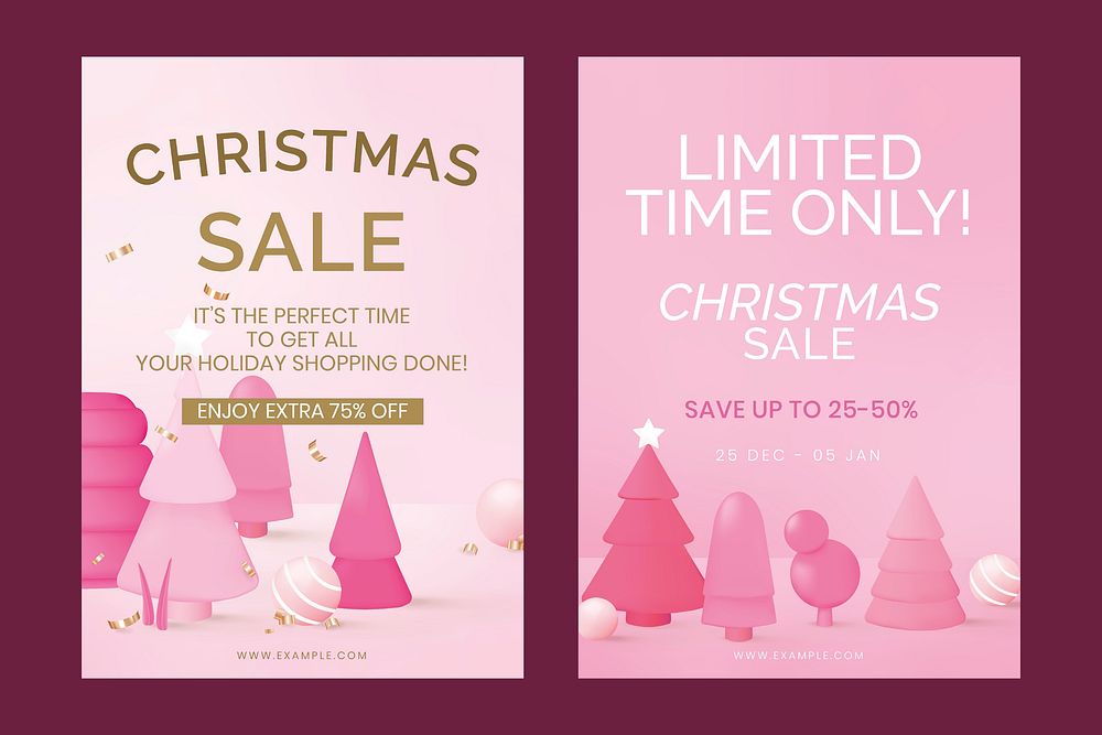 Pink Christmas sale poster template set vector